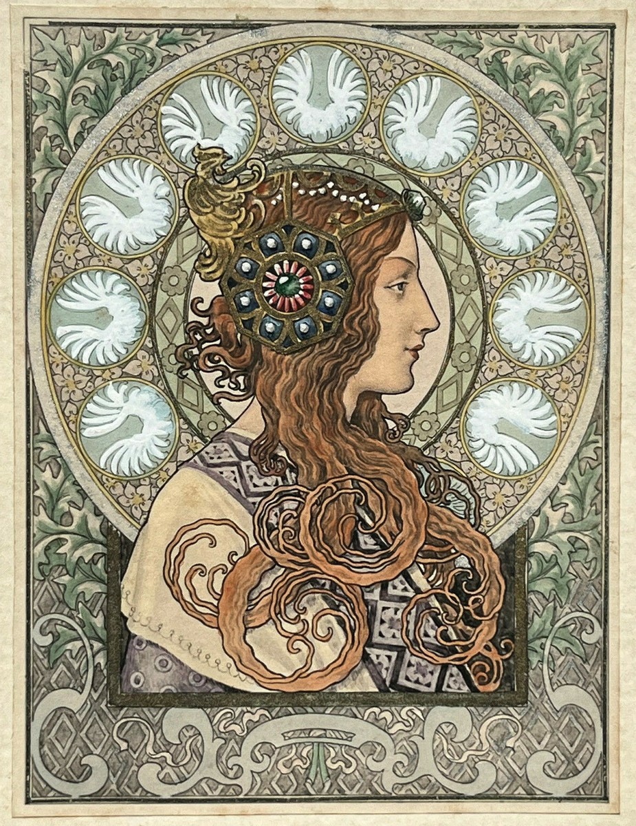 Woman Portrait Engraving Print Flowers Art Nouveau In The Style Of