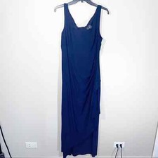 Alex Evenings Blue Jersey Sleeveless Long Maxi Dress Draped Skirt Size 16