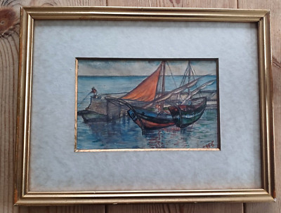 Südfrankreich Naives Aquarell Gemälde von Boot und Hafen. Datiert 1958.