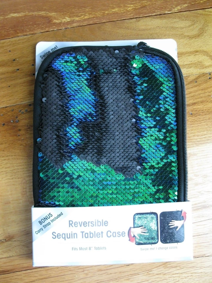 Reversible Sequin Tablet Case for 8" Tablet &Carry Strap Mermaid Green Black NEW - Image 2 of 4