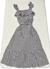 Michael Kors Black & white striped Summer Dress Boho Peasant Ruffle Neck Size L