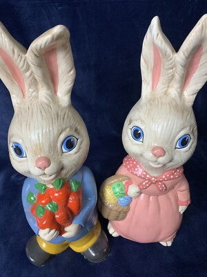 Vintage Ceramic Hand Painted Rabbits Mr. & Mrs. Easter 10 inches