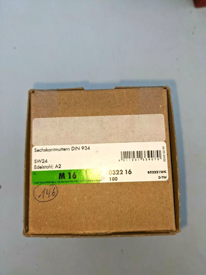 100x Würth M16 Edelstahl A2 Sechskant Muttern SW24 Sechskantmutter DIN934 - Bild 2 von 2