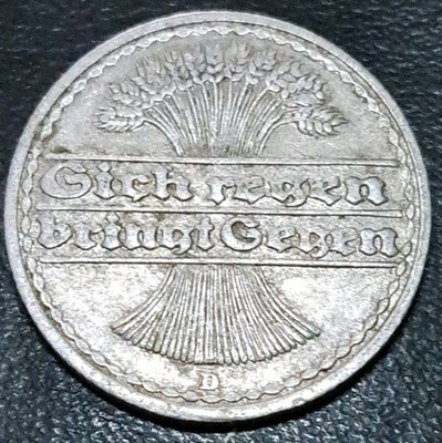 1920 D Weimar Germany ~ 50 Pfennig ~ Munich Mint 