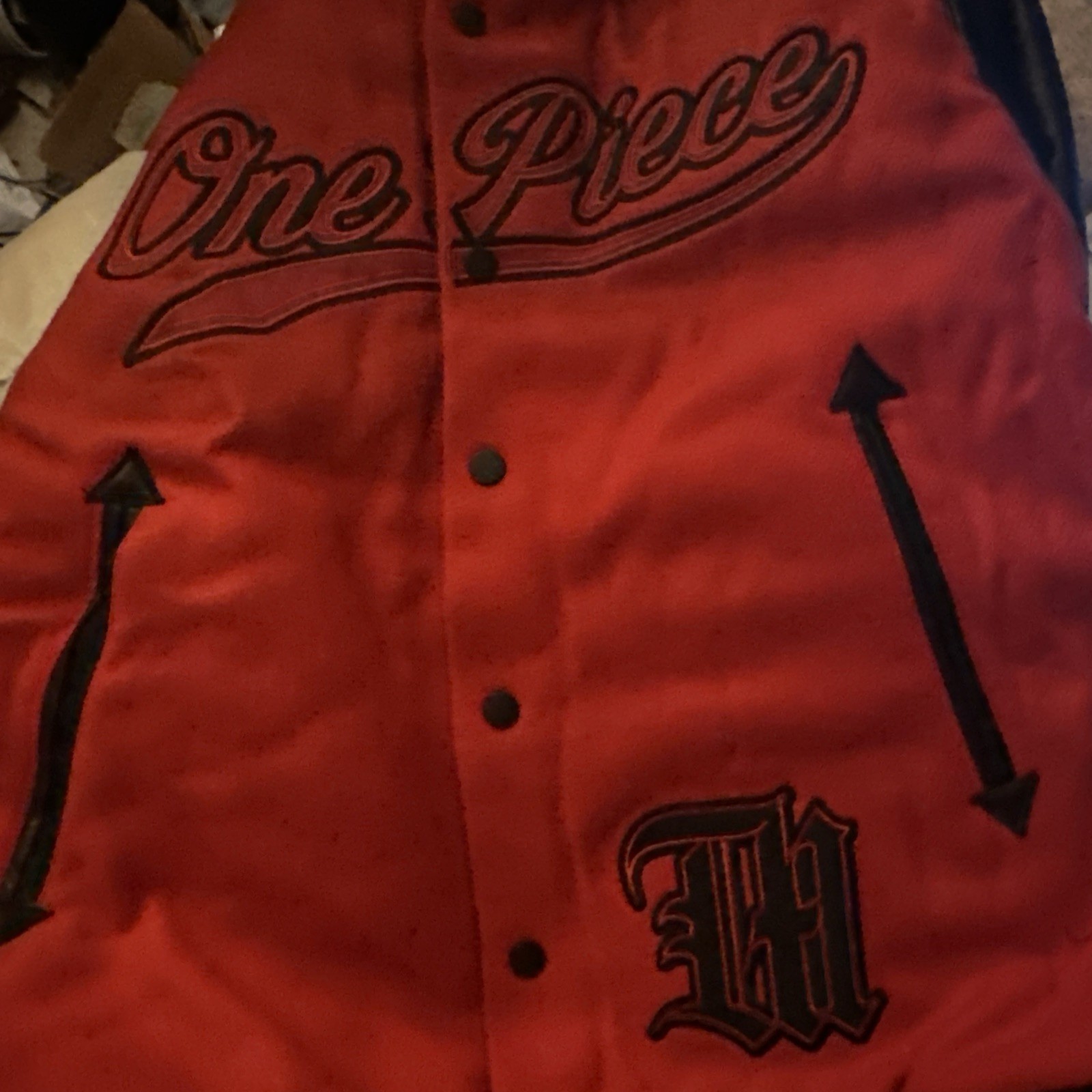 HEAVY DUTY Dim Mak X One Piece KID PUNK ROTTEN Black & Red Varsity Jacket Large