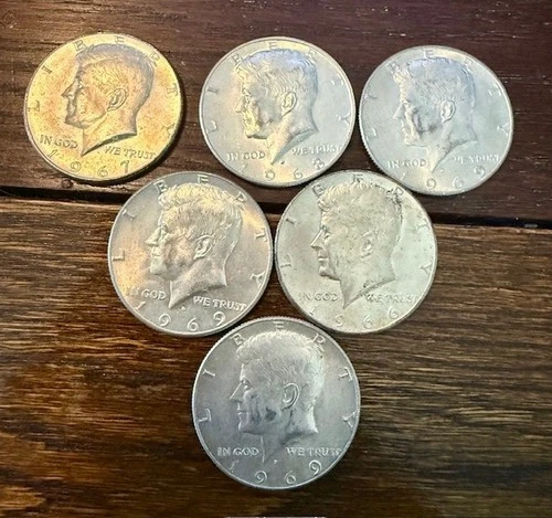 Six (6) Kennedy Half Dollars 50c 1966-1969 - 40% Silver - Circulated