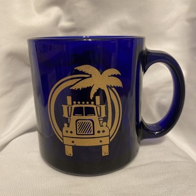 Vtg Cobalt Blue Big Rig Truck Mug Cup Palm  tree Sun