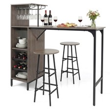 3PCS Bar Table and Chairs Set Industrial Pub Table  Stools w/Bottle Wine Rack