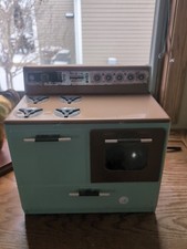 1950  s Nassau Tin Toy Turquoise Trim Stove Oven Kids Kitchen Play Set Vintage