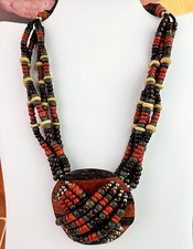 Vintage Boho Multi Strand Beaded Necklace Wood Disc Pendant Southwest Style 16in