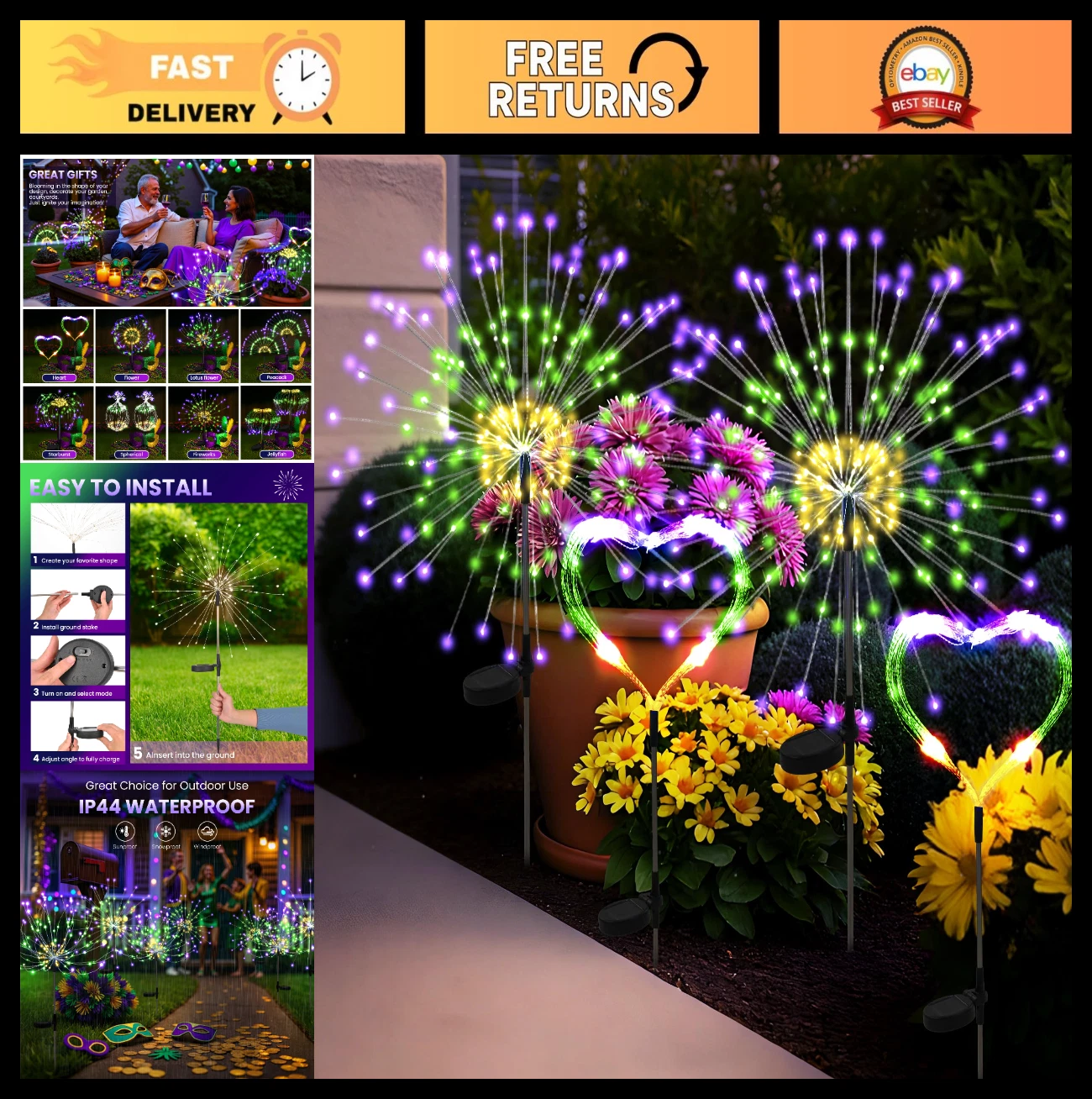 Colorful Solar Garden Lights 120LED Waterproof - 4 Pack Outdoor Decor for Yard,