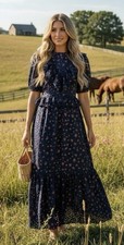 Urban Outfitters Navy Floral Eyelet Maxi Dress XS S 0 2 4 Romantic Bohemian Twee