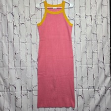 Pink Lily Ribbed Knit Midi Dress XL Pink Yellow Trim Sleeveless Long Form Fittin