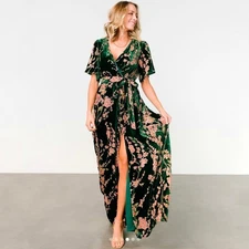 Baltic Born Uma Velvet Maxi Dress dark green pink floral v-neck women's size XL