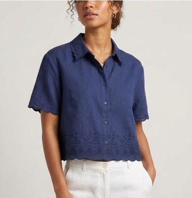 NWOT Women Short Sleeve Scalloped Hem Shirt Navy Blue Roller Rabbit SM