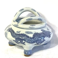 Vintage Chinese Dragon Censer Pot Marked Double Handle And Tri Footed 6.5" X 5"