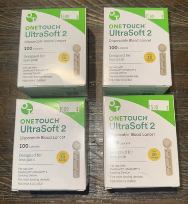 ONE TOUCH UltraSoft 2 Lancets 400 Count 4 Boxes Fine 30 Gauge Exp. 12/31/2027