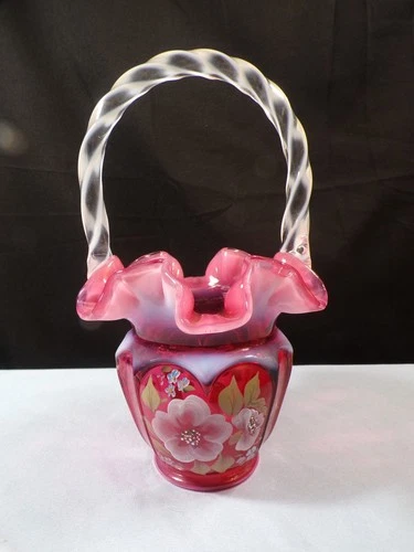 Fenton Painted Cranberry Opalescent Glass Basket Open Heart Arches White Flowers