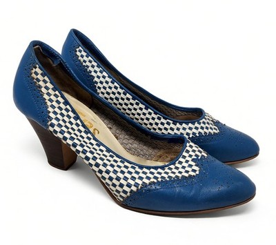 Latinas Size 8.5 Vintage 80s Woven Leather Heels Blue White Brogue Oxford Brazil