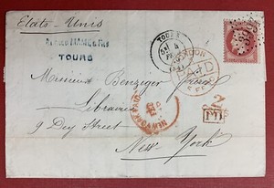 France, Scott#36 used on 1870 Trans-Atlantic Cover, from Tours to New York City