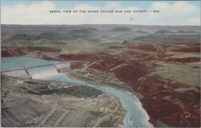 Aerial View Of The Grand Coulee Dam And Vicinity WA Linen Vintage Post Card