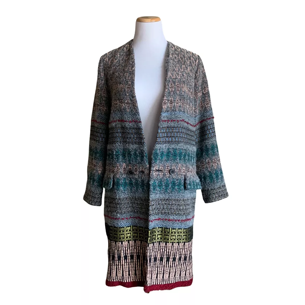 ZARA Womens M Multicolor Aztec Print Long Wool Blend Cardigan Jacket Metallic