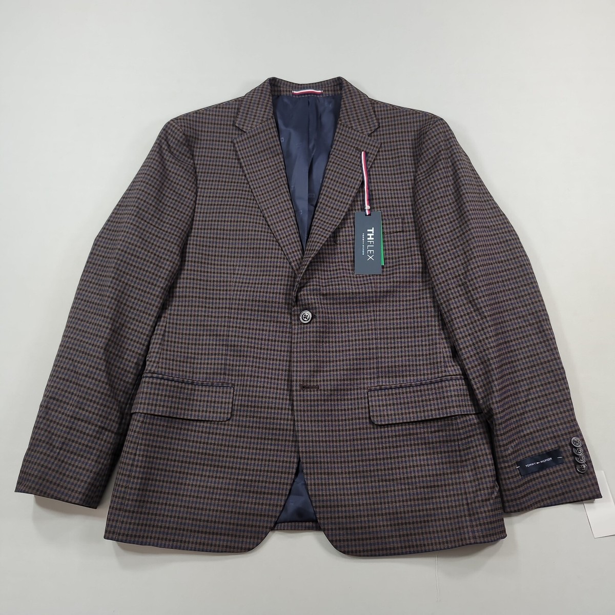 Tommy hilfiger men's modern fit burgundy brown check blazer Clearance