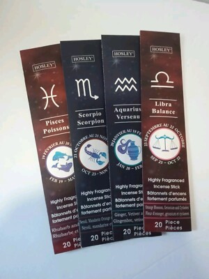        Hosley Zodiac Signs Incense Lot of 4 Scorpio, Pisces, Aquarius, Libra