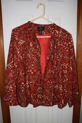 Trenz by Teresa Renz Blazer Jacket Size 1X Open Front Orange/Tan w/ Metal Beads