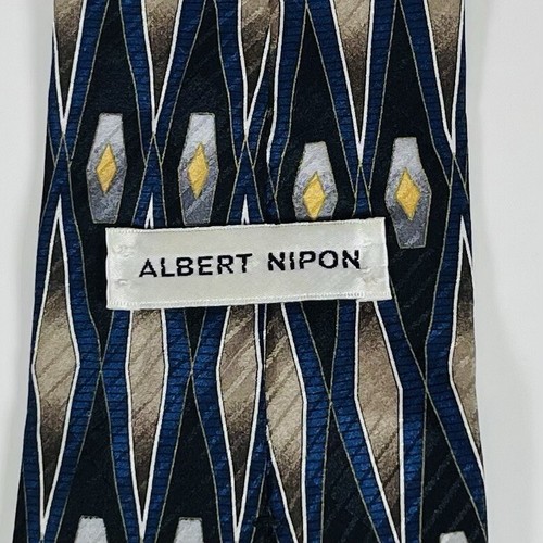 Albert Nipon 100% Silk Neck Tie Blue/Black/Brown/Yellow Geometric 4" - Picture 4 of 6