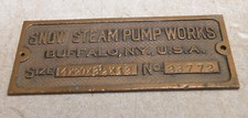 Rare antique brass plaque sign Snow Steam Pump Works Buffalo, NY collectible