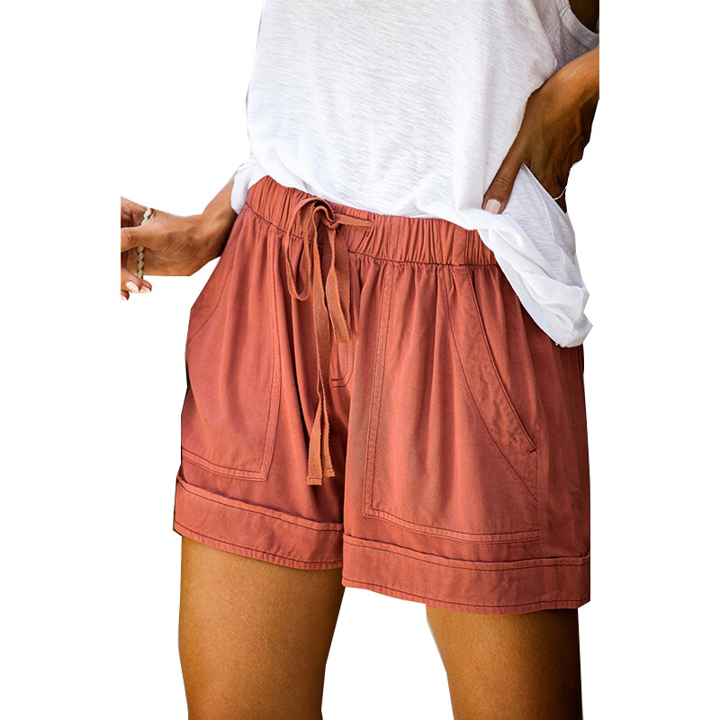Summer Solid Color Drawstring Hot Pants Casual Elastic Waist Shorts Beachwear La