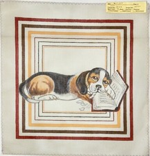 Hand-Painted HOUND DOG READING Needlepoint Canvas 13.5-mesh 14" x 14.5"