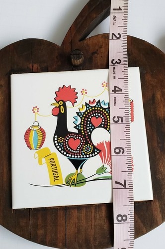 Vintage Portugal Rooster Tile Hanging Wood Frame shaped like an apple. Colorful - Picture 9 of 9