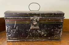 Document Box - Tin Toleware – Black w Gold Bands - Hinged Dome Lid Handle