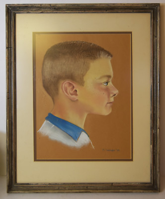 14'' Vintage Signed Pastel Drawing Young Boy Portrait Short Blond Hair Freckles 