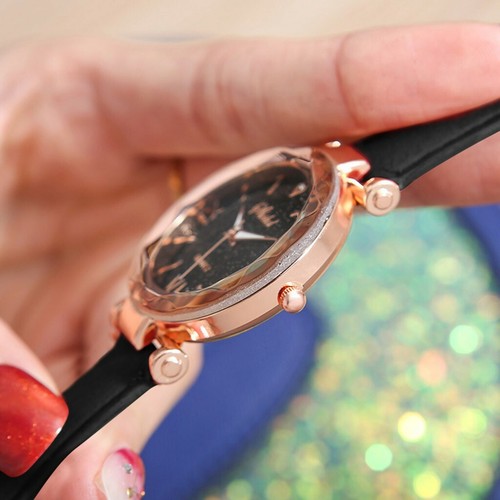 Reloj de pulsera analógico de cuarzo con correa de cuero estrellado para mujer relojes luminosos - Imagen 7 de 16
