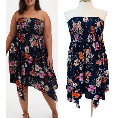 Torrid 2 (2X) Navy Blue Floral Gauze Convertible Strapless Smocked Sun Dress New
