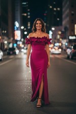 Xscape Ruffled Off Shoulder Gown Crepe High Leg Slit Maxi Sz 10 Dress (#D3-A8)