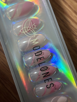 Modelones Pink/White Geometric Oval Press-On Nails Shiny Full Cover Glue M
