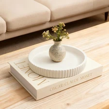 Decorative Concrete Tray & Book Set - Modern Scalloped Home Decor Tray & Line...