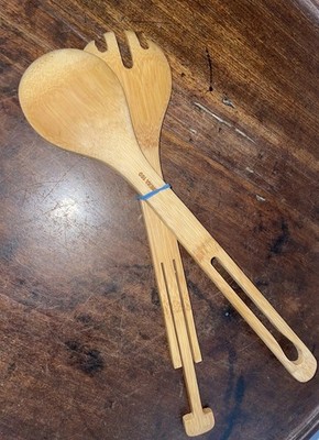 Pampered Chef Ineinandergreifende Bambus Holz Servierzange Holzlöffel Utensilien  