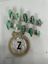 Z NAILZ! Handmade M Almond Green & White Shiny Leaf Design Press On Nails