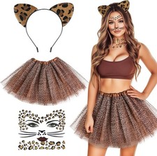 Leopardenkostüm Damen/Mädchen 3-teilig: Haarreif, Tutu, Gesichtstattoo Fasching