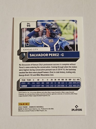 Tarjeta Donruss Salvador Pérez 2022 💯 Emoji Paralelo #'d/100 Royals #96 - Imagen 2 de 2