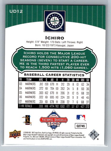 2008 Upper Deck National Baseball Card Day Ichiro Suzuki Seattle Mariners #UD12 - Picture 2 of 2
