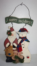 Country Handpainted Wood Santa Snowman Cutout Christmas Wall Hanging Decor Sign