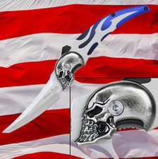 Blue Two Tone Chopper Flame Skull Linerlock by Dimitri Patelis Pocketknife Knife
