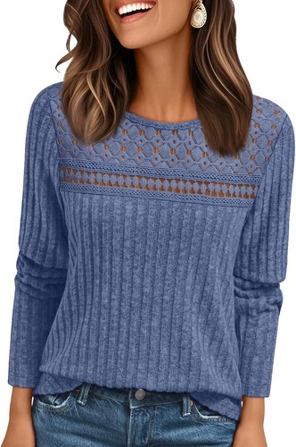 Womens Fall Long Sleeve Lace Top Lightweight Loose Fit Casual Tunic Shirt - Picture 13 of 17