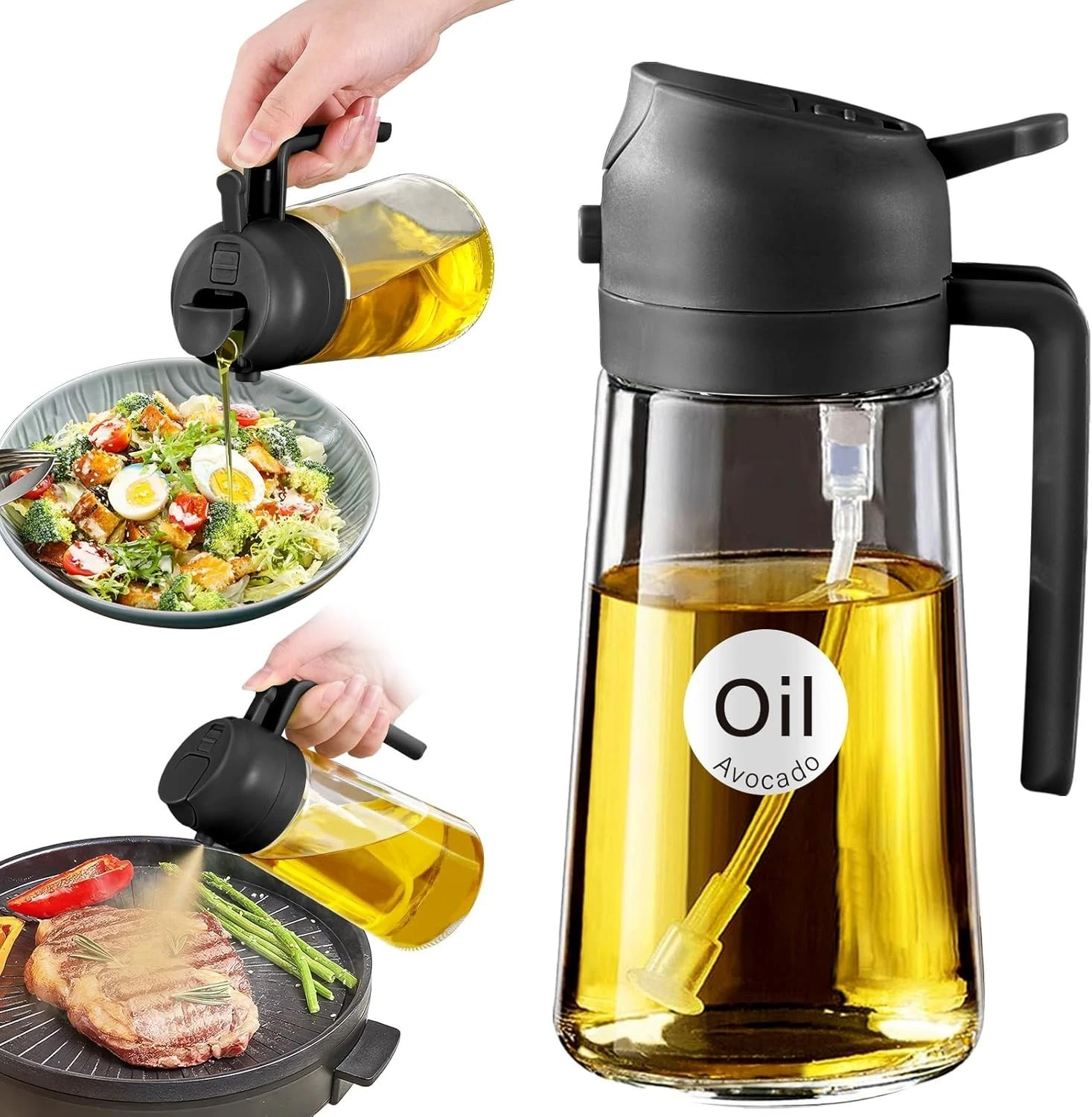 16oz Glass Olive Oil Sprayer Dispenser Bottle | 2-in-1 Cooking Kitchen Tool
